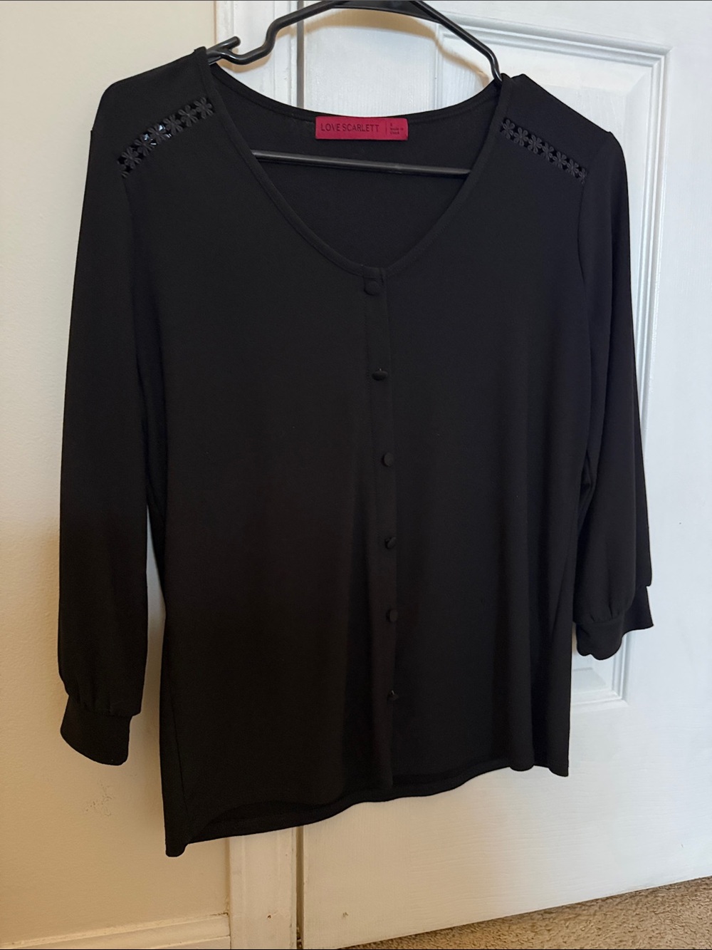 Scarlett Black Button-Down V-Neck Top with Shoulder Cutouts
